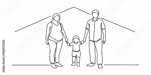 Line drawing depicts a family of three standing beneath a house