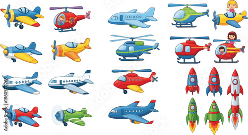 Air transport vehicles collection with airplanes helicopters and rockets colorful cartoon flying machines vector illustration set