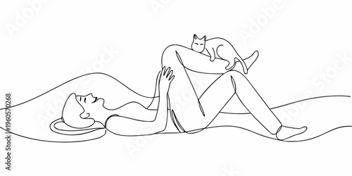 A woman reclines peacefully while a cat rests affectionately on her shoulder