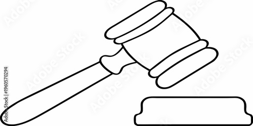 A simple black and white illustration of a gavel and sounding block