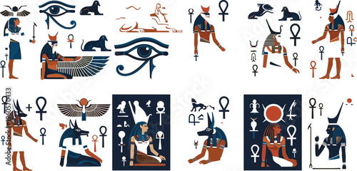 Ancient Egyptian gods symbols and mythology icons Anubis Horus Eye of Ra vector illustration set