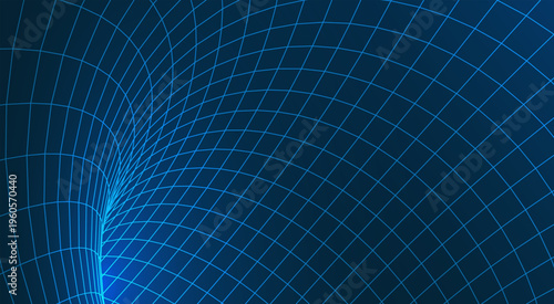 Fast motion speed tunnel with neon blue glowing 3D wireframe mesh and geometric warp grid for time travel hyperspace effect, dynamic vector illustration.