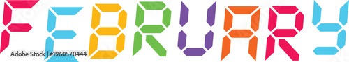 Colorful digital letters spelling out 'FEBRUARY' arranged horizontally on transparent checkered background.