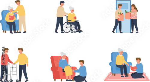 Elderly caregiving vector illustration set with support, wheelchair, walker, groceries, reading, and daily assistance