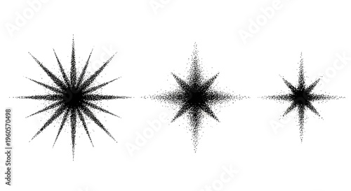 Dynamic trio of abstract black speckled starburst graphics, perfect for adding sparkle, shine, or an explosive flair to various creative digital design projects and artistic compositions