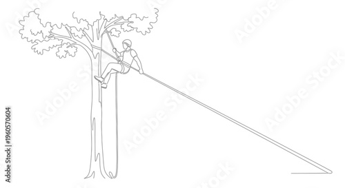 Continuous line art depicting a professional arborist engaged in skilled tree climbing with ropes