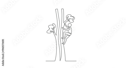 Minimalist continuous line drawing of a determined person ascending a tall tree trunk