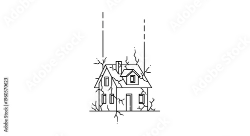 Minimalist outline illustration of a severely damaged house with significant structural cracks