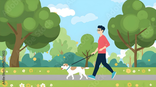 Man walking dog on leash in park with trees and flowers on sunny day