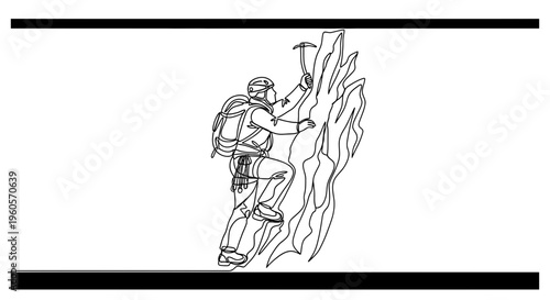 Continuous line drawing of a mountaineer ascending a rugged rock face with an ice axe in hand