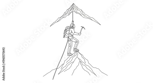 Determined mountain climber ascending a rugged peak, equipped with ice axe and rope