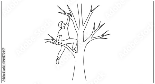 Simple line art illustration of a person ascending a tree branch outdoors seeking new heights