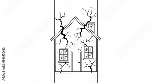 Severe structural damage on a residential building illustrated with intricate wall cracks and