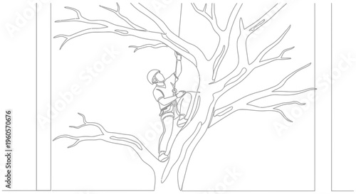 Minimalist continuous line art depicting a professional arborist ascending a robust tree with