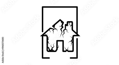 Outline icon of a severely cracked and broken house representing property damage or housing crisis