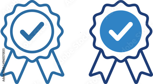 Blue and white checkmark ribbons for approval and verification