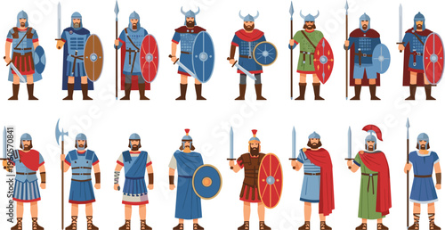 Ancient warriors collection with shields spears helmets and armor historical soldier characters cartoon vector illustration set