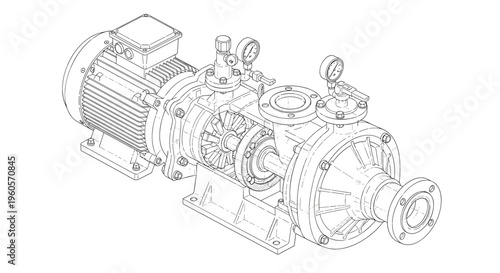 Industrial Pump Technical Drawing Illustration.