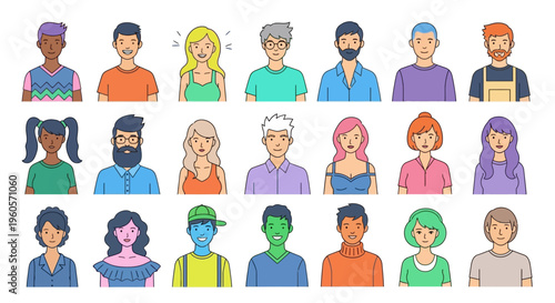Vibrant Collection of Unique Cartoon People Avatars Showcasing Diverse Facial Expressions and Modern Hairstyles for Digital Profile and Design Projects