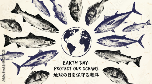 Vintage Earth Day poster with fish circling the globe, protect our oceans environmental vector, retro marine life conservation illustration