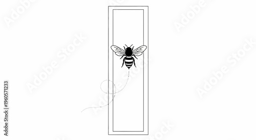 Minimalist black and white bee illustration with a delicate dotted flight path within a vertical
