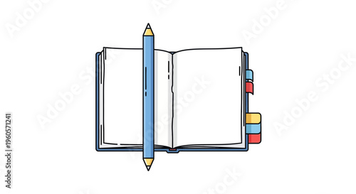 Open notebook with a blue pencil and colorful bookmarks ready for notes and creative ideas