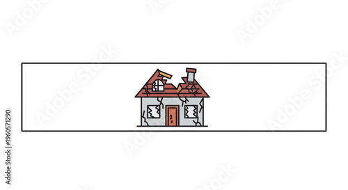 Cartoon illustration of an old, damaged house with cracks and a broken roof symbolizing urban