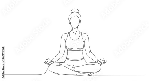 Continuous one line drawing of a woman in lotus position meditating, embodying peace, wellness, and mindful practice through yoga for health and relaxation