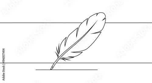 Elegant minimalist line art of a feather quill pen making a mark on a simple horizontal line