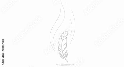 Ethereal feather drifting above gentle water ripple minimalist line art illustration for tranquility