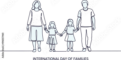 Continuous line drawing illustration of a happy family, mother, father, and two children, celebrating the international day of families.