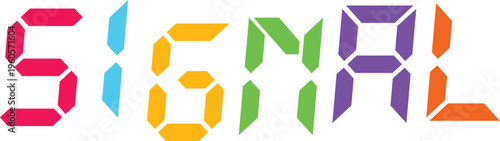 Digital font SEÑOR colorful letters abstract background retro technology letters.