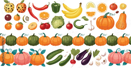 Autumn vegetables and fruits collection pumpkins zucchini eggplant citrus and spices vector illustration set