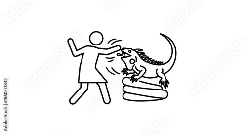 Stylized linear illustration of human and aggressive lizard confrontation abstract icon