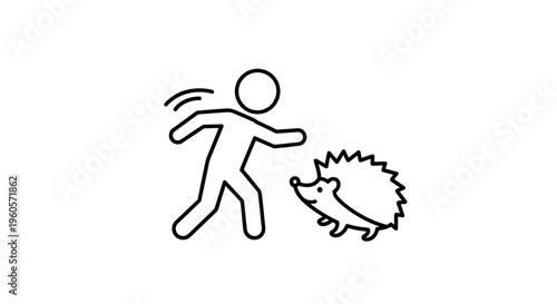 Minimalist outline depicting a stick figure engaging playfully with a charming spiky hedgehog