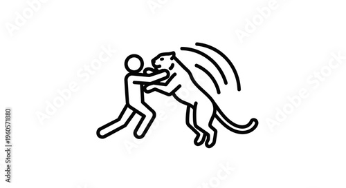 Dynamic black line icon depicting a person in a fierce struggle with a wild feline predator
