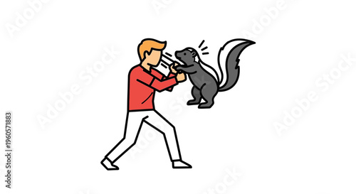Vivid illustrative depiction of an unexpected human-wildlife encounter with a defensive skunk