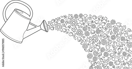 Whimsical black and white outline of a watering can pouring forth a cascading stream of beautiful spring blossoms and tiny foliage.