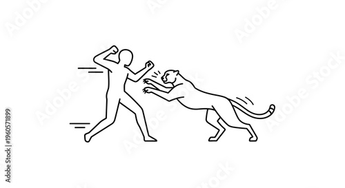 Dynamic line art illustration of a person fiercely confronting an attacking wild cat in an intense