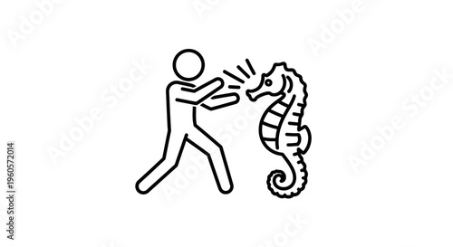 Abstract human figure confronting an aquatic seahorse creature in simple line art style