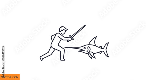 Illustration of a brave individual engaging in a fierce sword battle with a powerful swordfish
