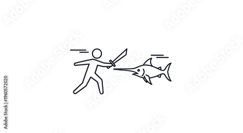 Dynamic line art illustration depicting a stick figure engaged in an intense battle with a