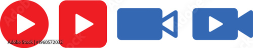 A stylized logo featuring red and blue play buttons on a white background with a pixelated effect