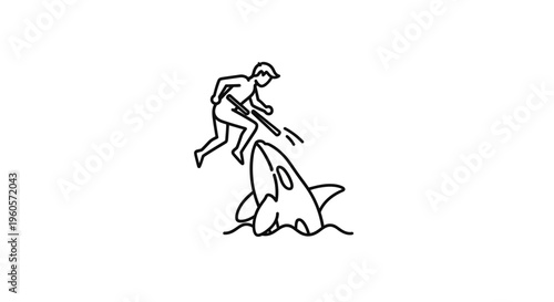 Dynamic minimalist line art depicting a human confronting an orca with a spear in water, embodying