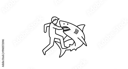 Dynamic line art illustrating a person's frantic struggle against a threatening shark