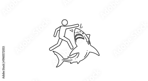 Courageous human figure in dynamic confrontation with aggressive shark, symbolizing challenge and