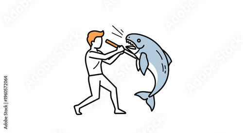 Illustrative depiction of human perseverance against a marine predator, highlighting primal