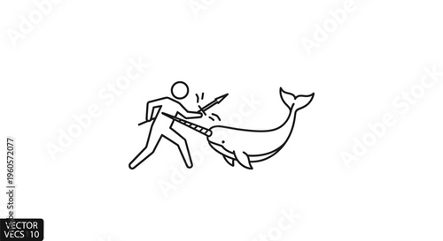 Stylized linear illustration depicting a human figure engaged in an unusual encounter with a
