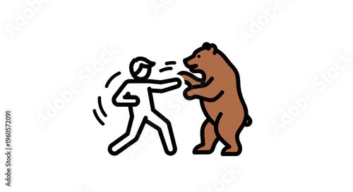 Dynamic Stylized Illustration of a Human Figure Confronting a Wild Brown Bear in a Challenging