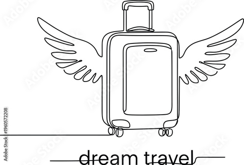 Continuous line drawing of a flying suitcase with elegant wings and the phrase "dream travel" representing aspirations for wonderful journeys and vacations.
